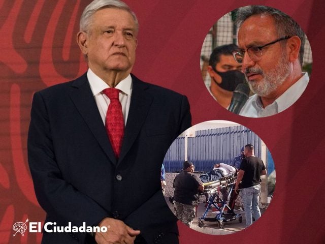 Montaje de imágenes que muestran a AMLO, Abel Murrieta y la escena del homicidio de Murrieta