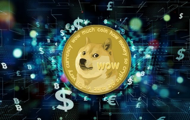 se ve la raza de perro shiba inu en forma de su meme doge en una moneda y en el fondo se ven signos de dinero