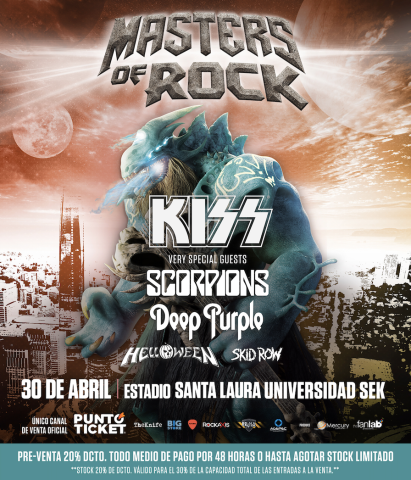 Masters of Rock reunirá en Chile a Kiss, Scorpions, Deep Purple, Helloween y Skid Row