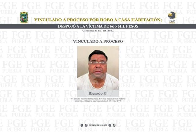 FGE de Puebla vincula a hombre por robo agravado a casa habitación