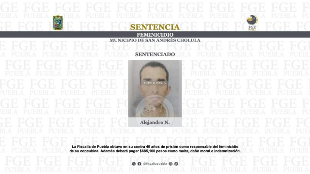 Condenan a 40 años de prisión a hombre por asesinar a su esposa en San Andrés Cholula