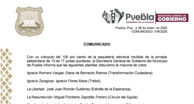 Ayuntamiento de Puebla anuncia a los ganadores de los plebiscitos en 15 juntas auxiliares para el periodo 2025-2028